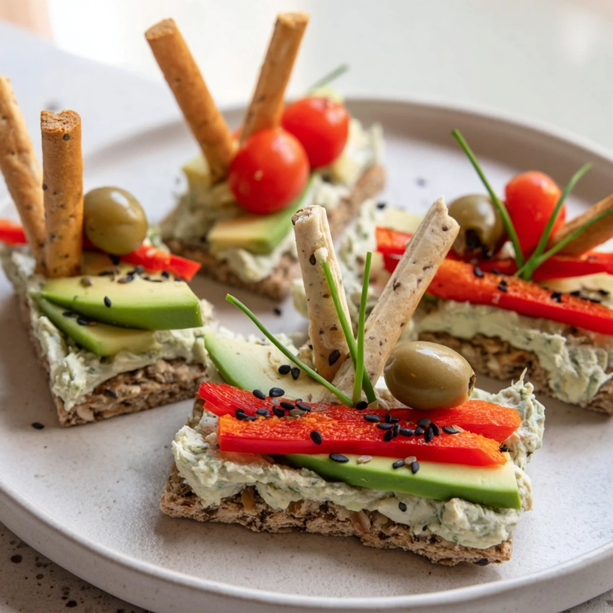 Urban Skyscraper Appetizers: a colorful arrangement of stacked savory bites with cherry tomato "rooftops."