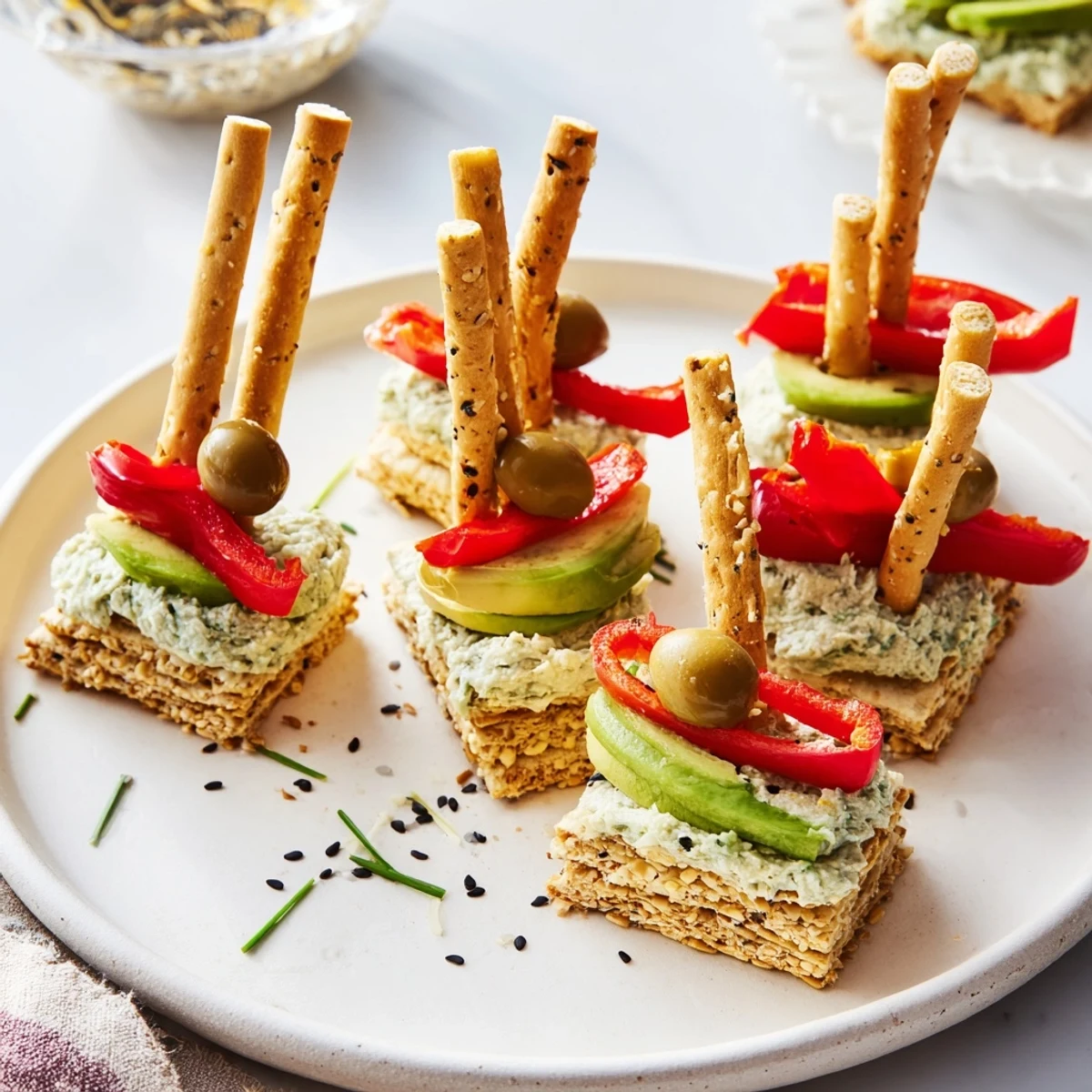 Up close: beautifully constructed Urban Skyscraper Appetizers ready to enjoy with a cocktail this evening.