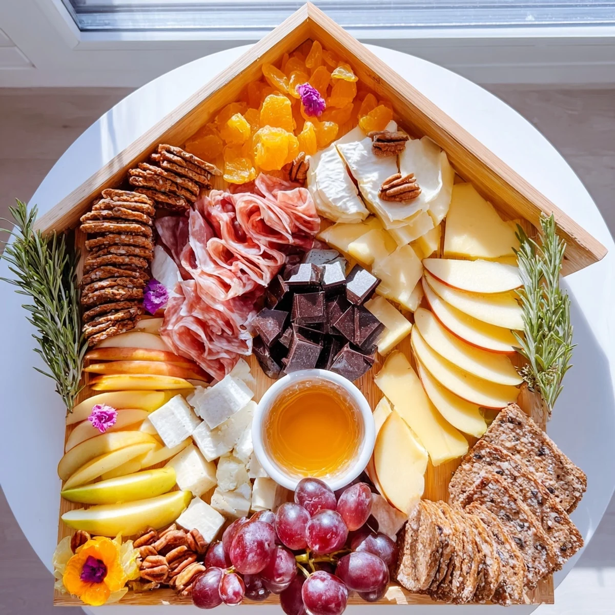 Sweet Home Charcuterie Board: A beautiful house-shaped board offers a delicious sweet and savory spread.