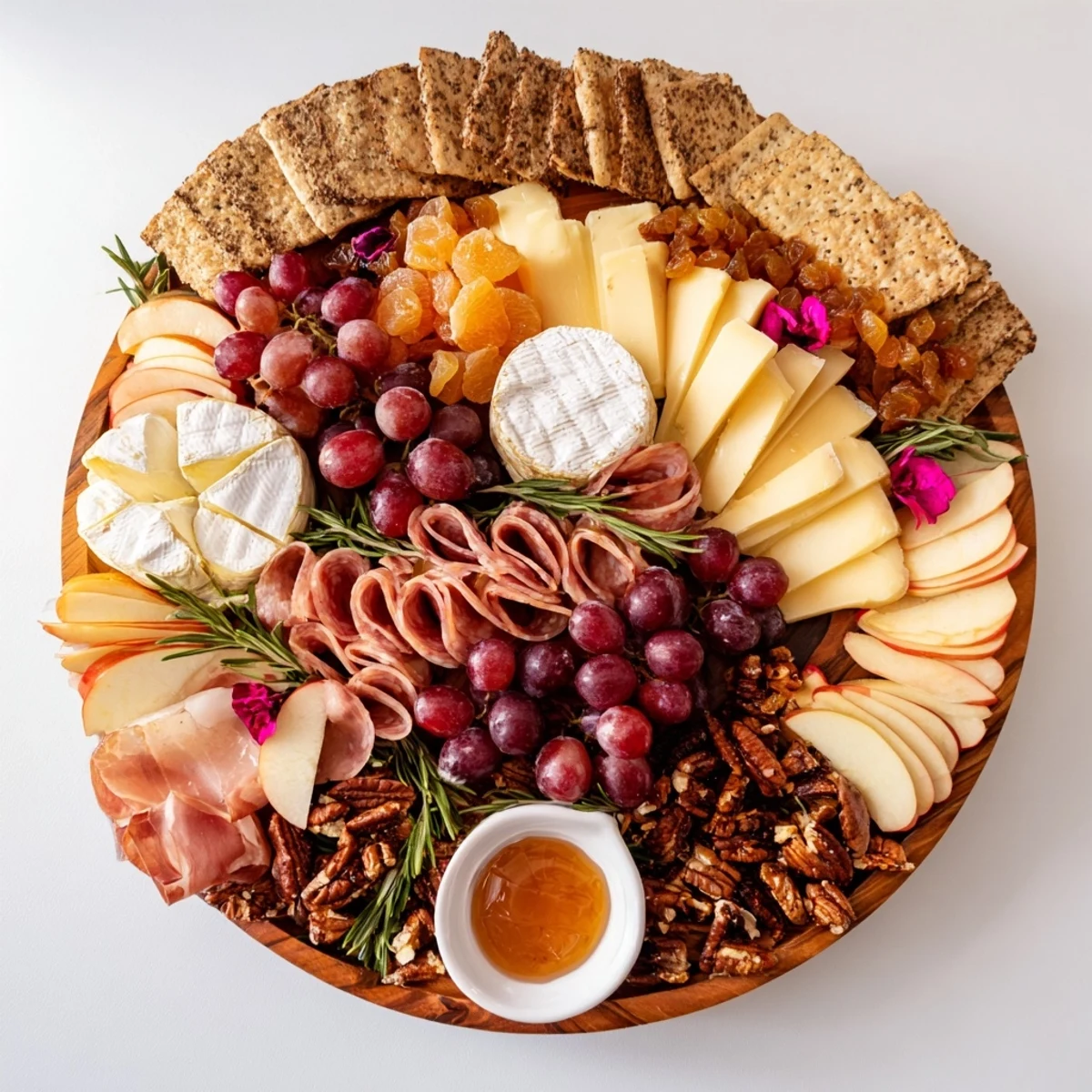 Enjoy the inviting selection of cheeses, meats, and treats on a festive Sweet Home Charcuterie Board.