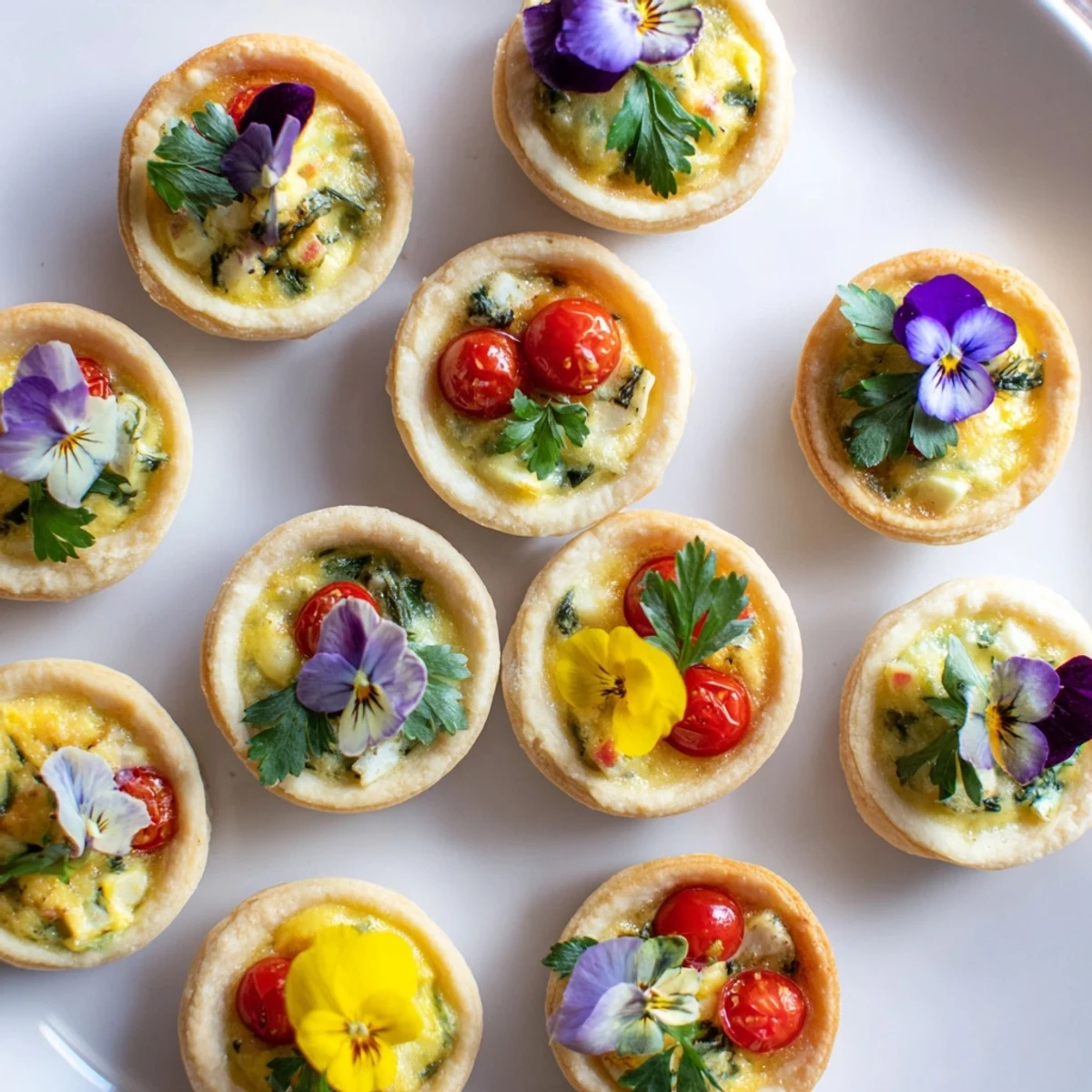 Close-up view of Couronne Florale Mini Quiches, golden-brown and garnished with fresh herbs, ready to serve.