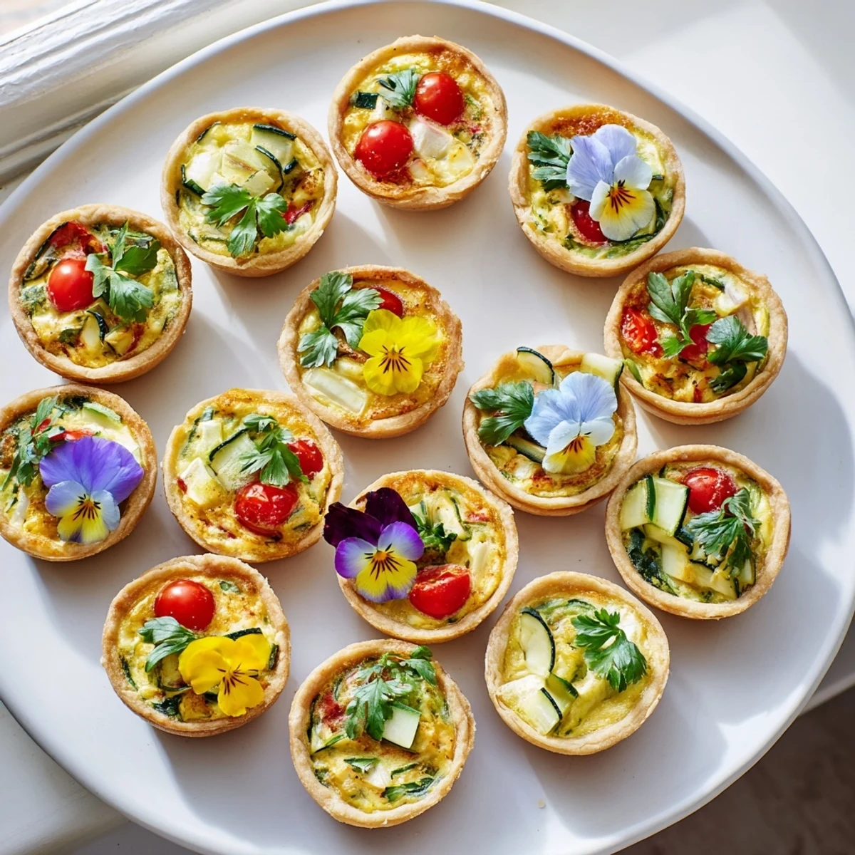 Delicious Couronne Florale Mini Quiches, baked to perfection, showcasing colorful vegetables within a creamy egg filling.