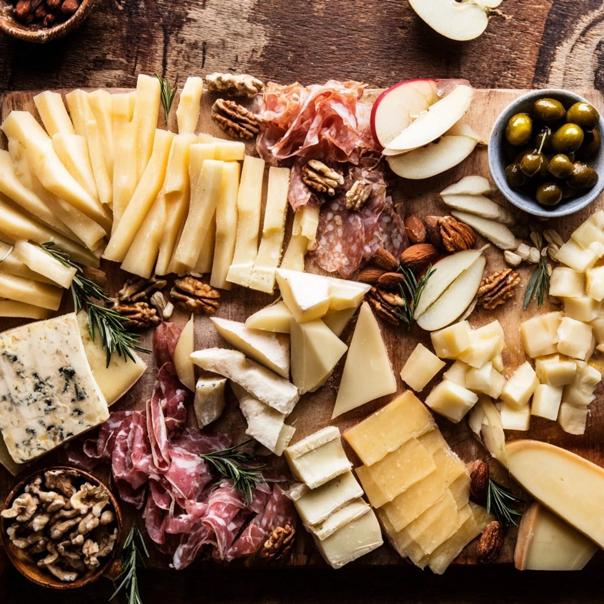 Winter Mountain Cheese Platter with assorted cheeses, charcuterie, and garnishes, perfect for a cozy gathering.