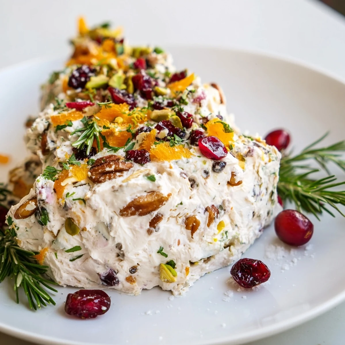 Rosemary Cranberry Christmas Tree, a visually stunning appetizer, ready to serve with crackers and crisp vegetables.