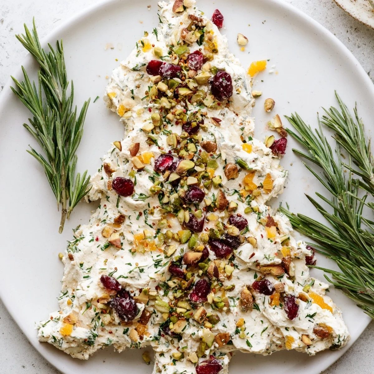 Creamy cheese shaped like a Christmas tree, speckled with cranberries and rosemary, a perfect Rosemary Cranberry Christmas Tree.