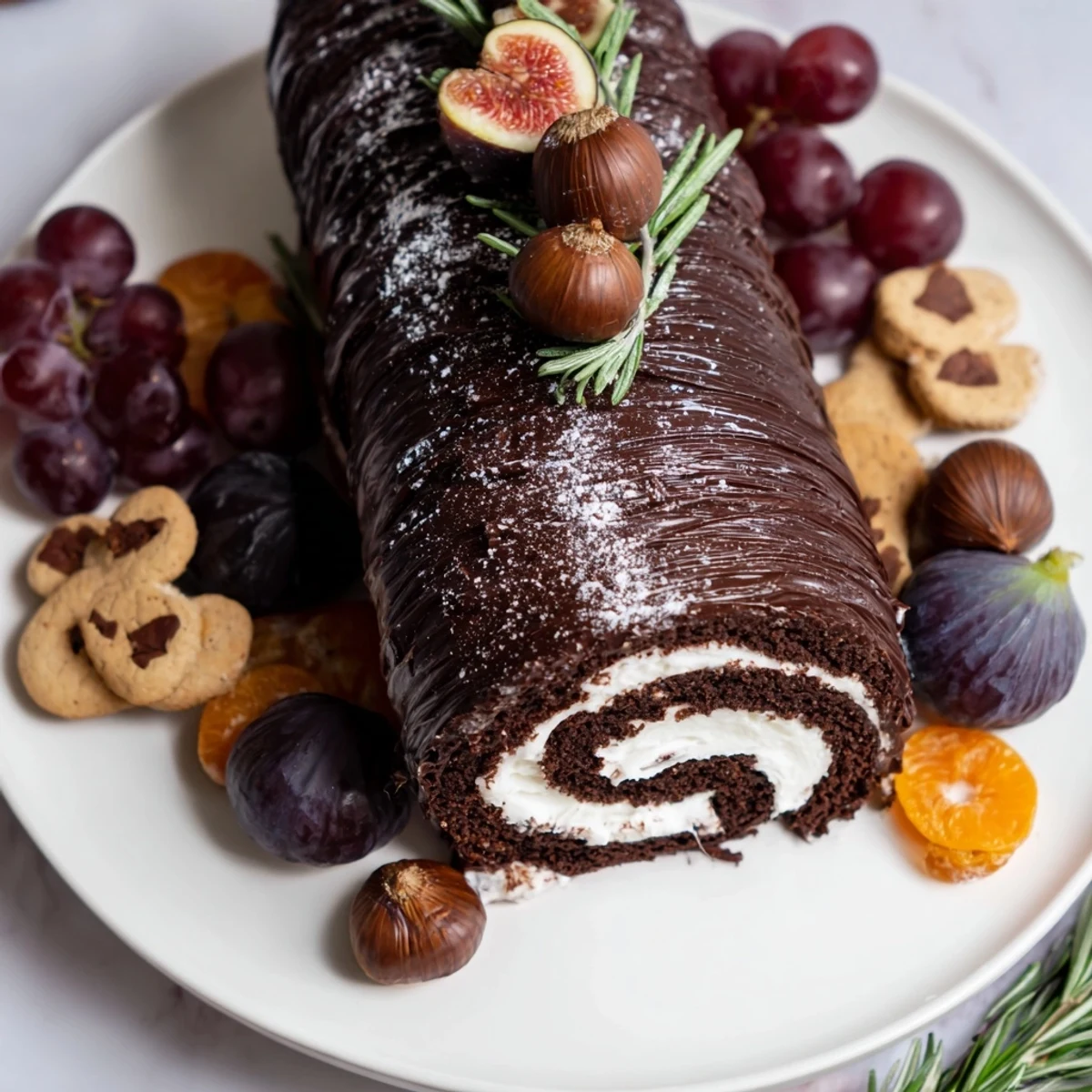 Deliciously arranged Winter Warmer dessert board features a chocolate fire log, candied fruit, perfect for sharing.