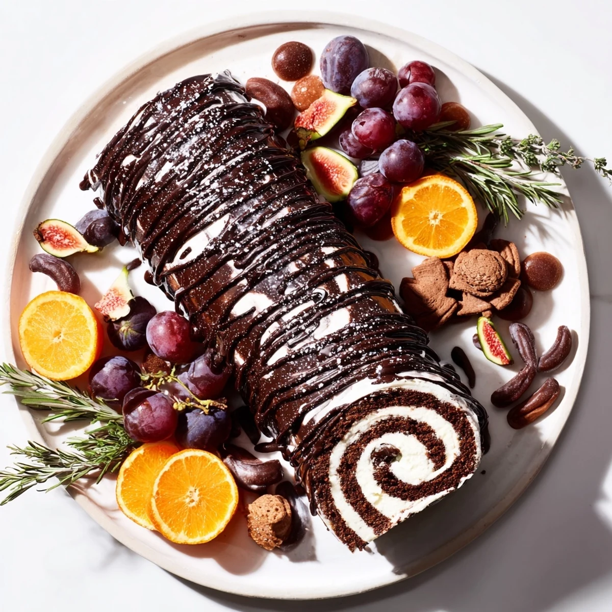 Festive Winter Warmer: Fireplace Log Dessert Board with chocolate roulade, chestnuts, and gingerbread cookies.