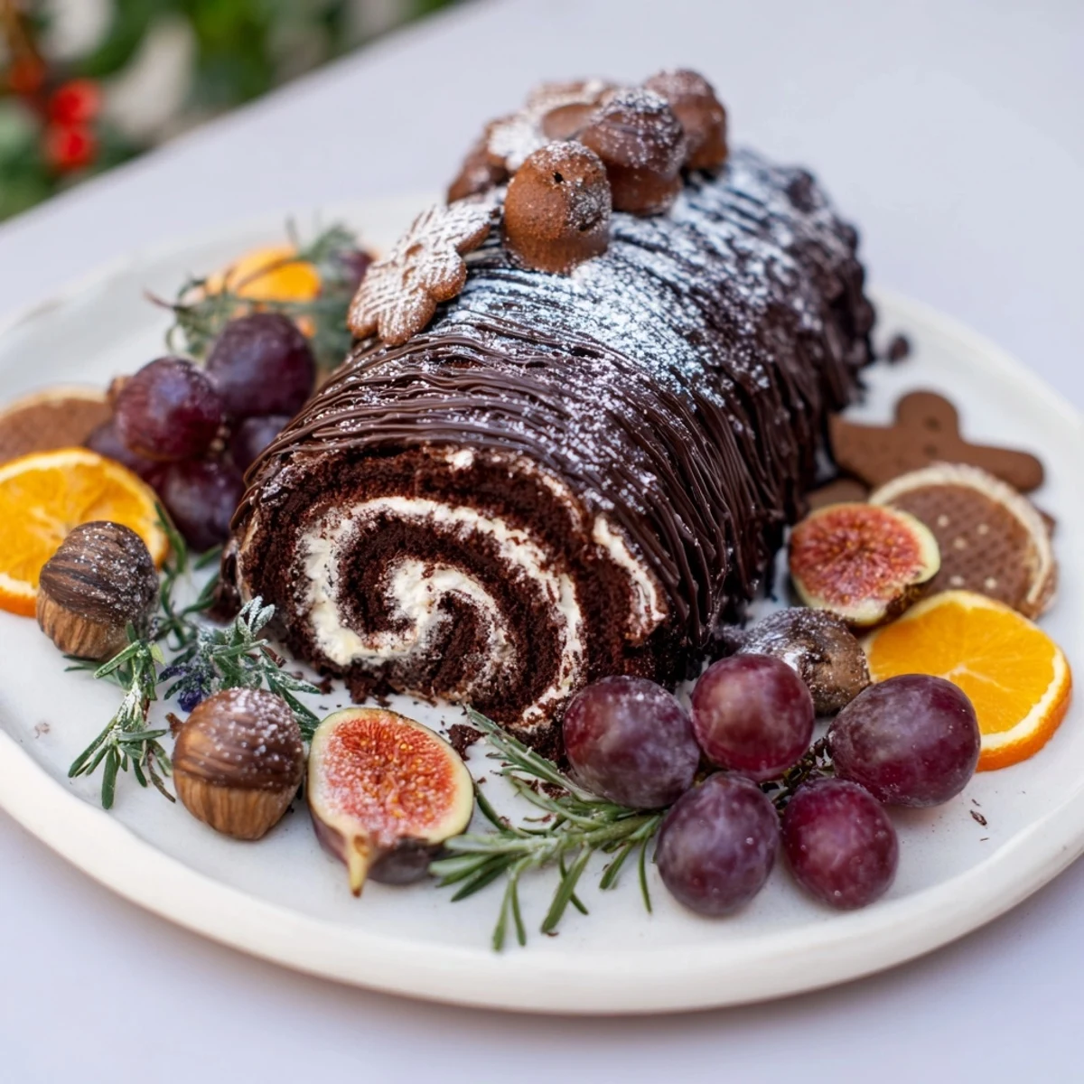 This cozy dessert board features a Winter Warmer chocolate roulade, with sugared cranberries and rosemary garnish for winter.