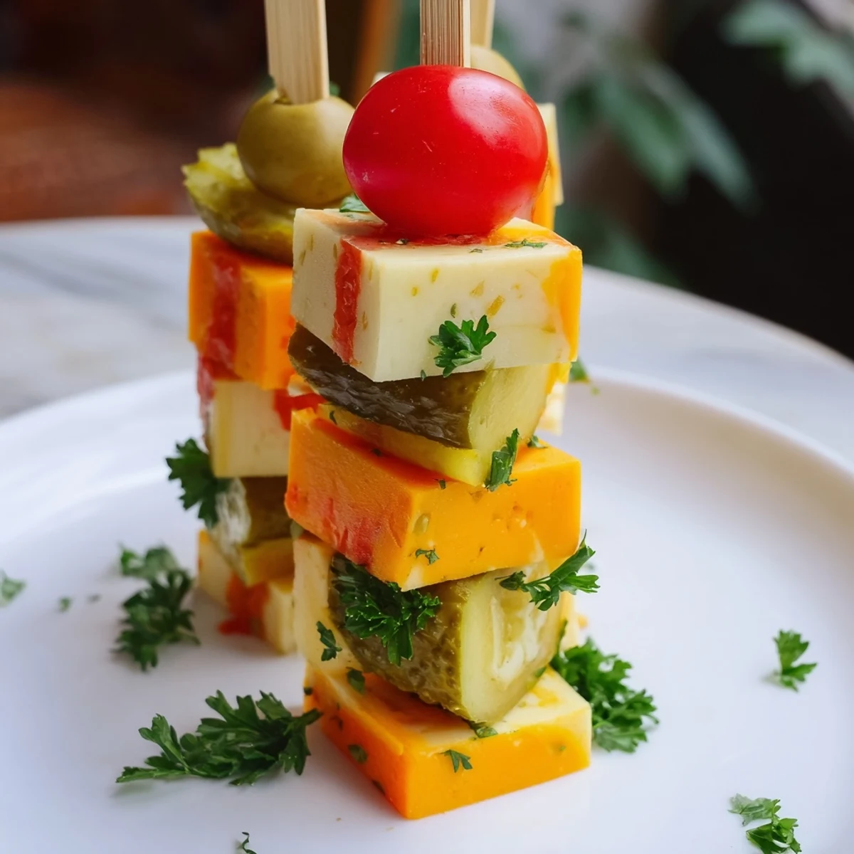 Festive Cube Cheese Stack: Colorful cheese cubes perfectly stacked with olives, tomatoes, and parsley garnish on a platter.