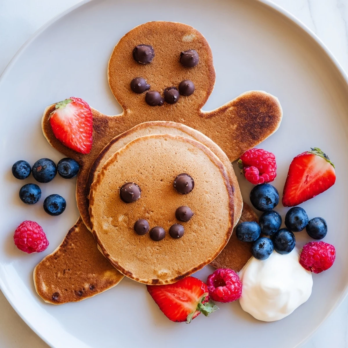 Gingerbread Boy Berry Board includes festive gingerbread pancakes, fresh berries, and creamy yogurt for breakfast.