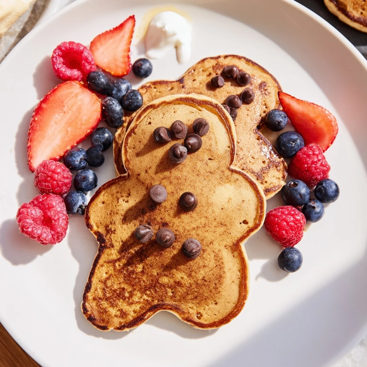 Homemade gingerbread man pancakes are artfully displayed on a Berry Board alongside yogurt and fresh fruit.