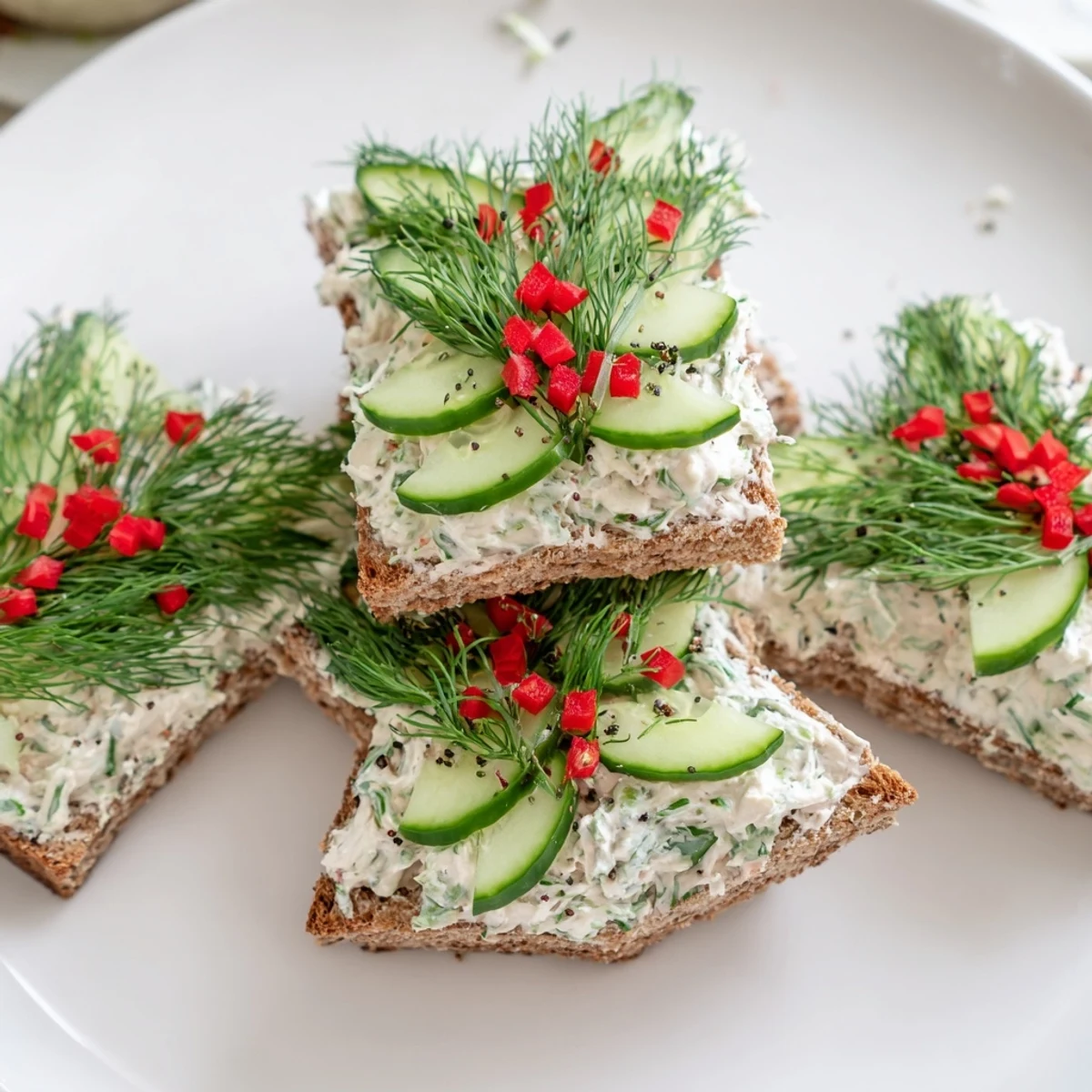 Festive Cucumber and Cream Cheese Tree Stacks appetizer, showcasing artfully arranged cucumber and cream cheese.