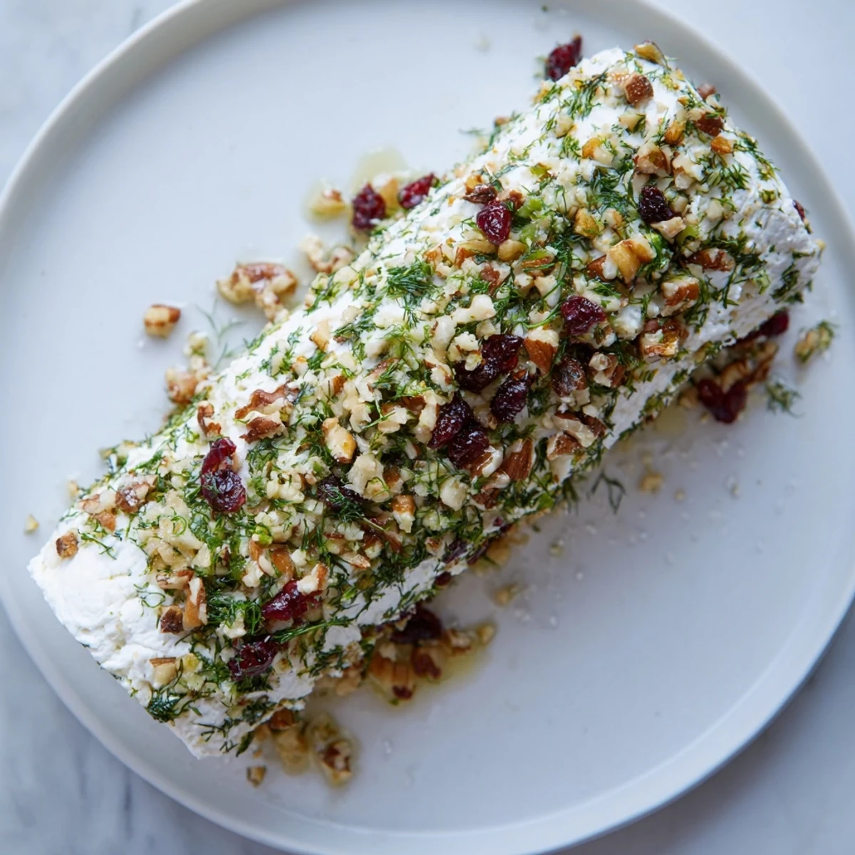 Creamy Winter Snowdrift Goat Cheese Log, richly coated with herbs and cranberries, perfect appetizer.