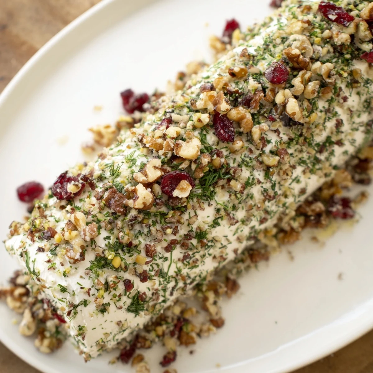 A close-up of a delightful Winter Snowdrift Goat Cheese Log with herb-nut coating, ready to serve with crackers.