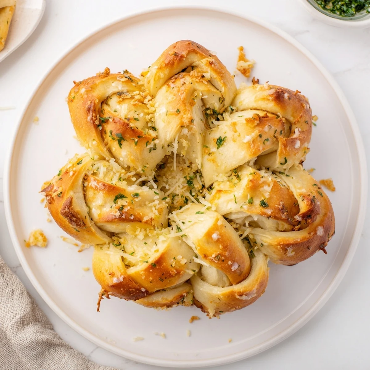 Golden, pull-apart star shaped garlic bread, richly buttered with herbs and ready to serve warm.