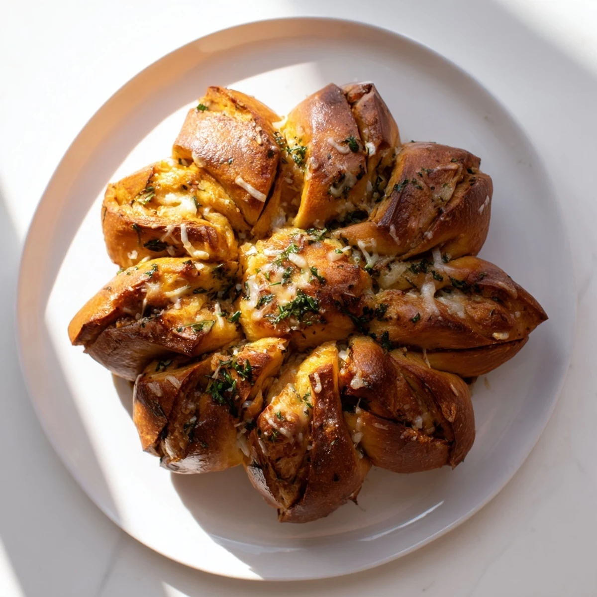 Freshly baked star shaped garlic bread, glistening with melted butter, perfect for a party appetizer.