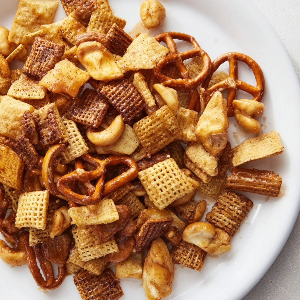 Golden, glistening Party Mix: Sparkling Cider Snack Mix, sweetly baked and perfect for holiday entertaining.