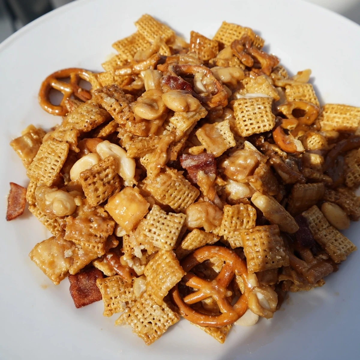 Delicious Party Mix: Sparkling Cider Snack Mix with a crisp, sweet apple cider glaze, ready to serve.