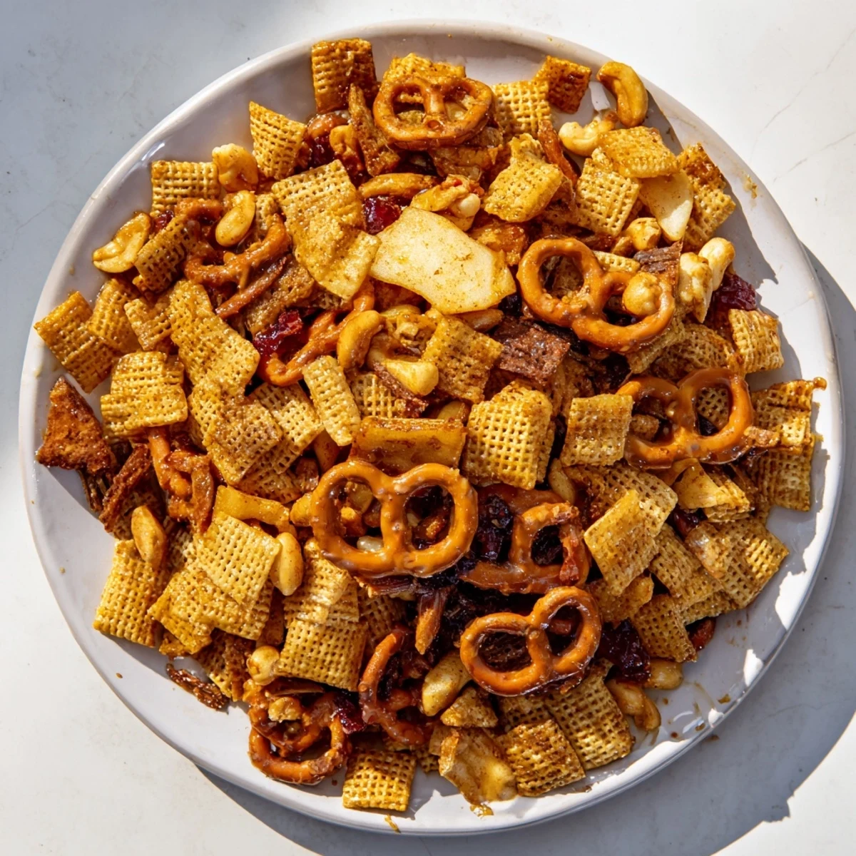 A textured close-up of the flavorful Party Mix: Sparkling Cider Snack Mix, ready for easy snacking.
