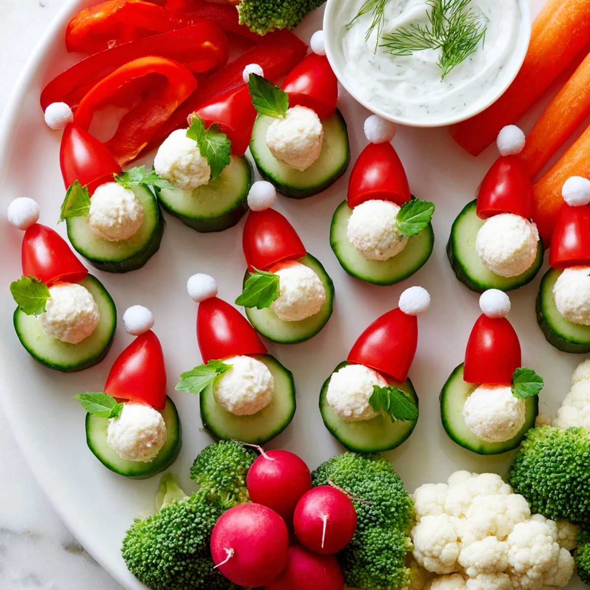 A colorful Savory Crudités platter showcases Santa hats crafted with tomatoes, mozzarella, and a fresh dip.