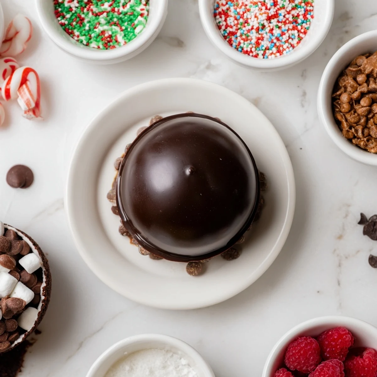 Steaming mugs reveal a delicious assortment of toppings for these fun hot cocoa bomb creations.
