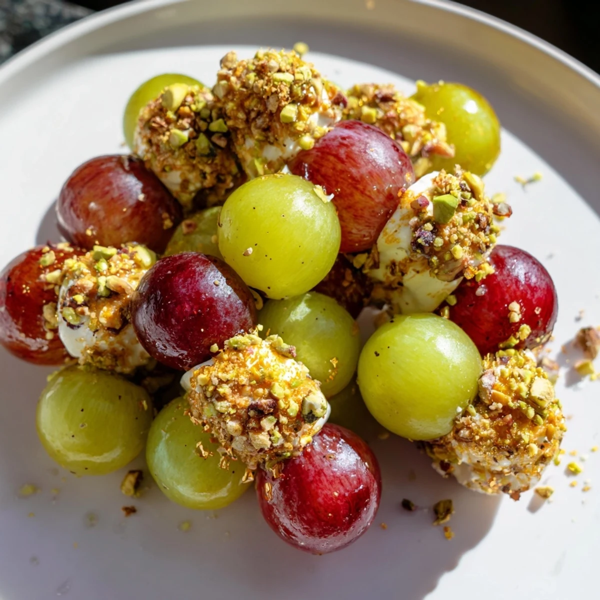 Vibrant photo of a Sparkling Grape Cluster Appetizer with glittering nuts and fresh mint, perfect for parties.
