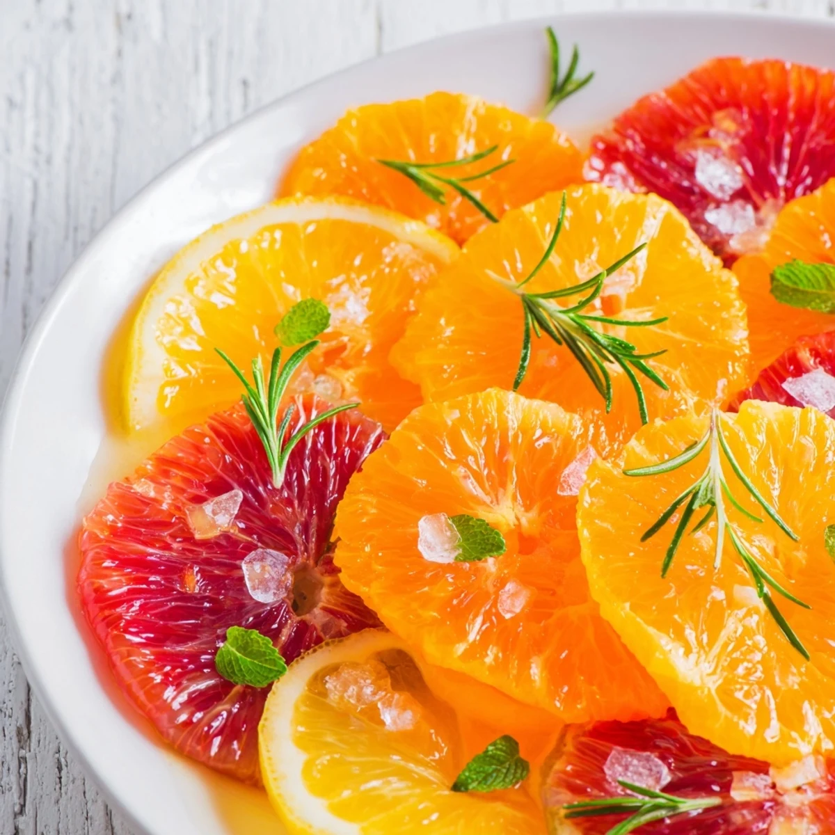 Vivid image of a citrus fruit board, featuring a garland of colorful, thinly sliced citrus fruits.
