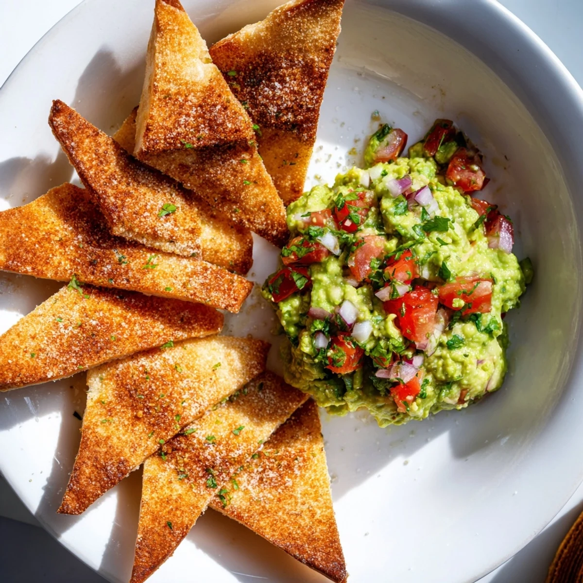 A delicious Pita Chips and Guacamole Bowl with vibrant green guacamole and perfectly baked pita chips are ready to savor.