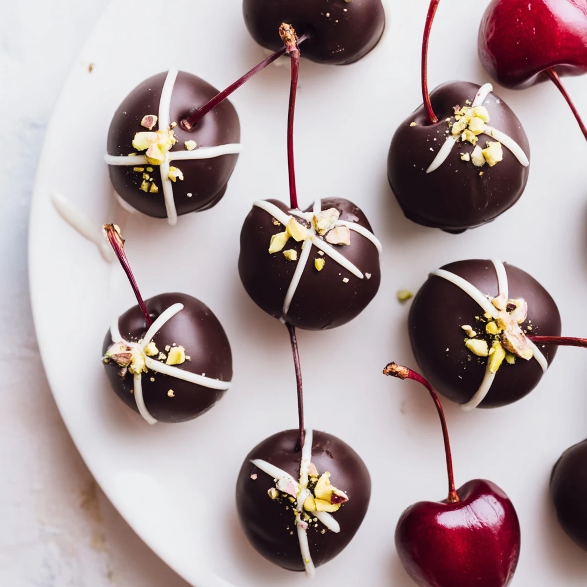 Rich dark chocolate coating glistening on a pyramid of chocolate-covered cherry dessert bites.