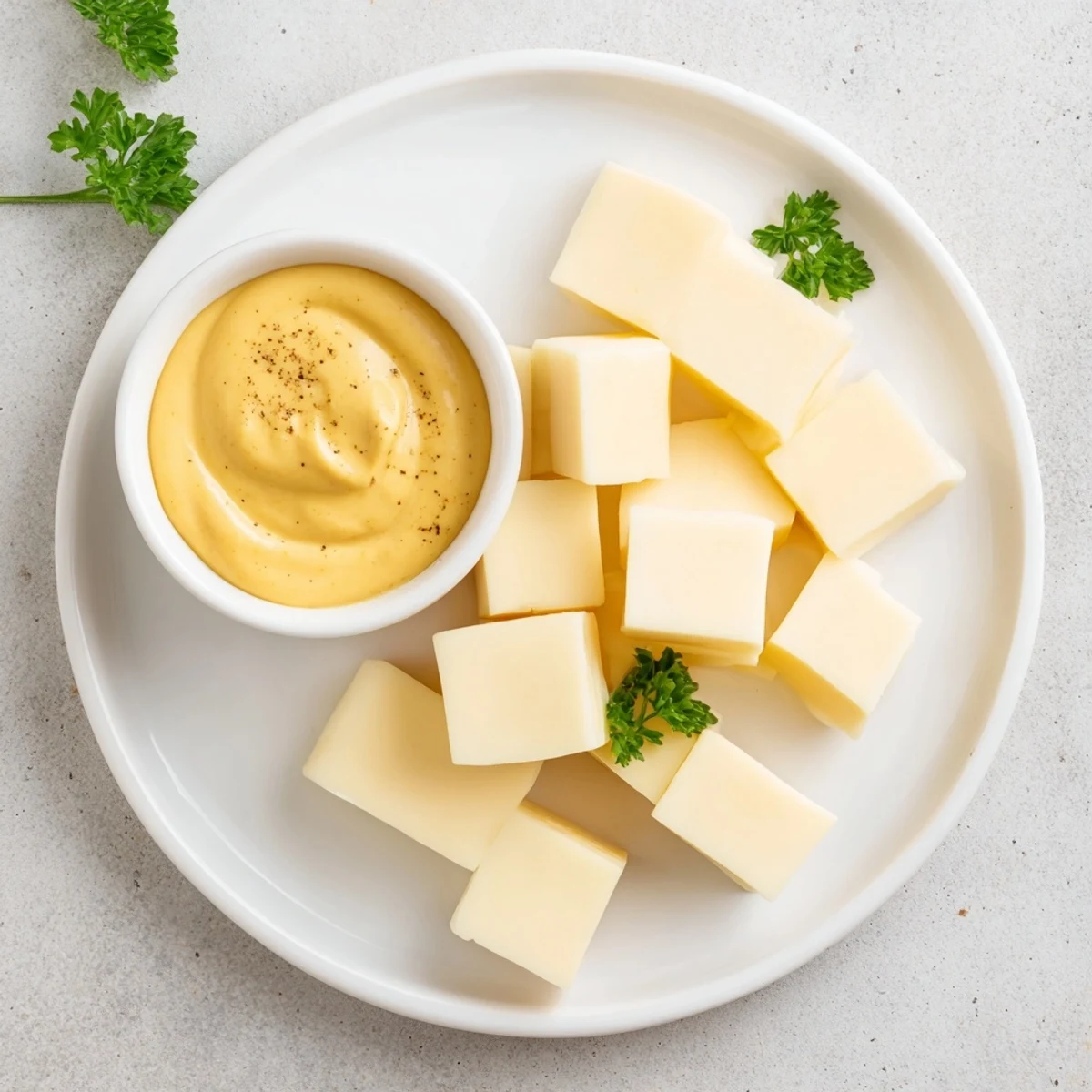 A beautiful cheese platter: inviting Gouda, mustard, and fresh parsley for easy enjoyment.