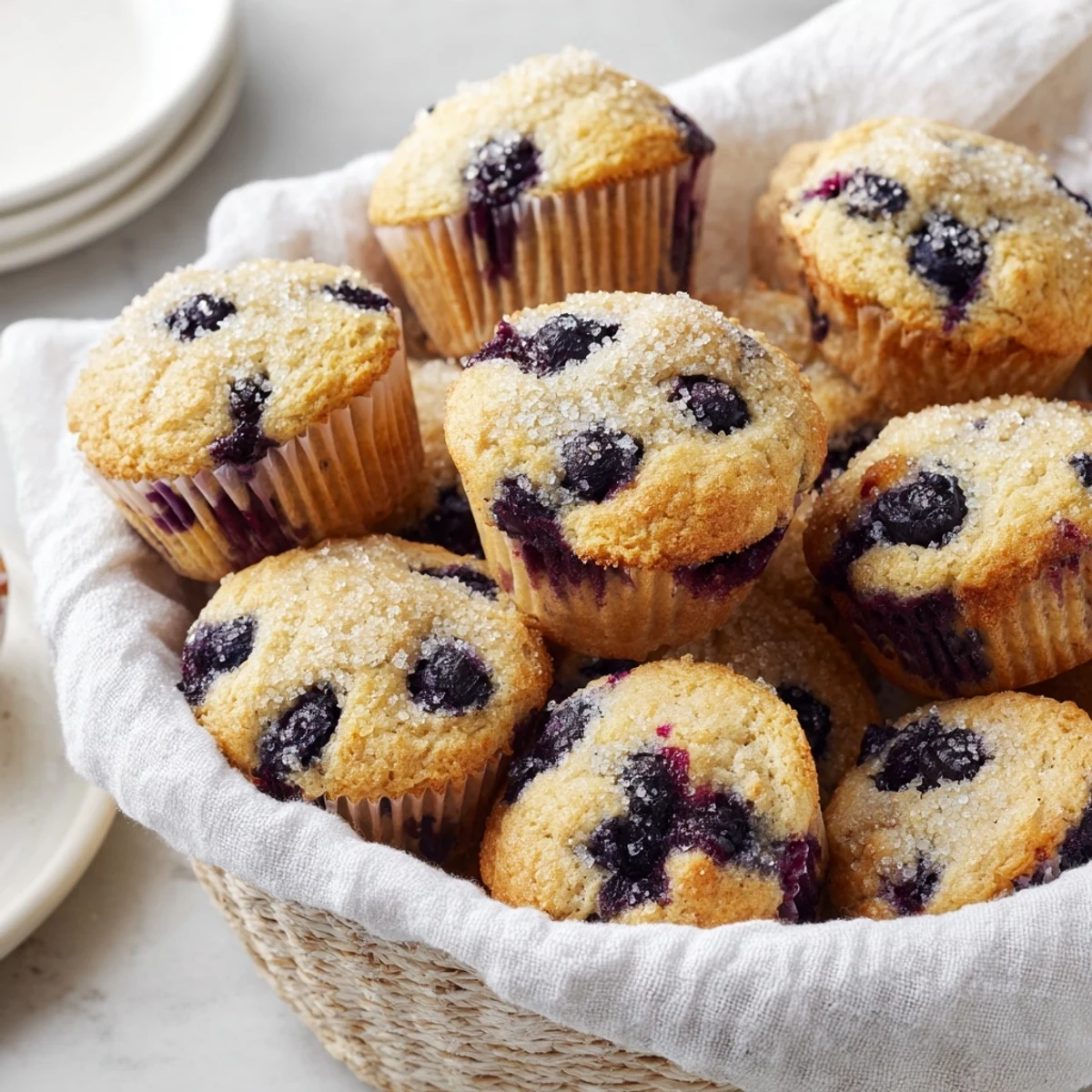 Fluffy mini blueberry muffins overflowing from a rustic basket, ready for a brunch spread.