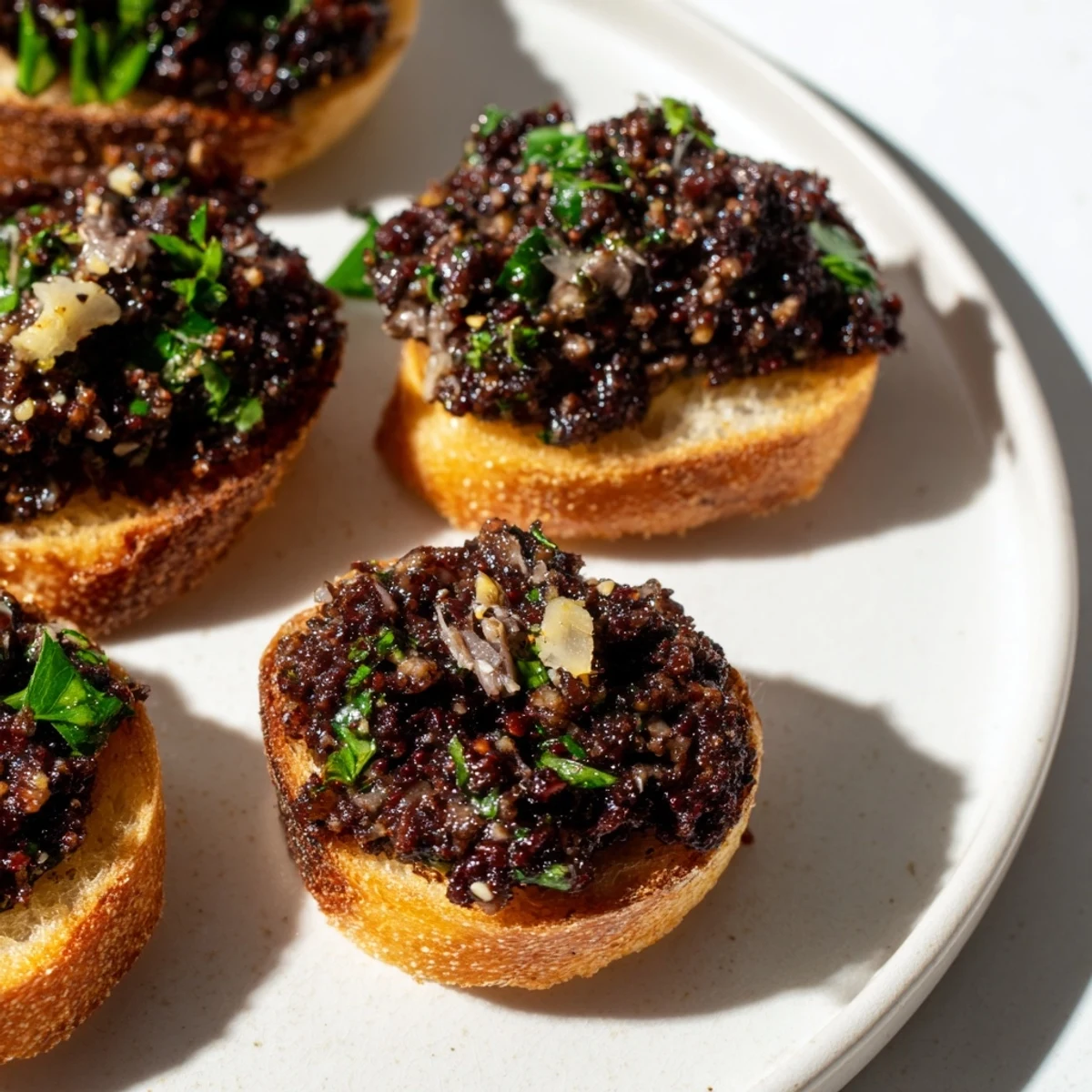 Golden crostini topped with vibrant black olive tapenade, a flavorful appetizer for serving.