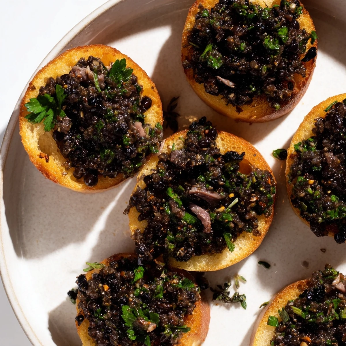 Close-up of savory black olive tapenade and crispy crostini, perfect for a New Year's Eve snack.