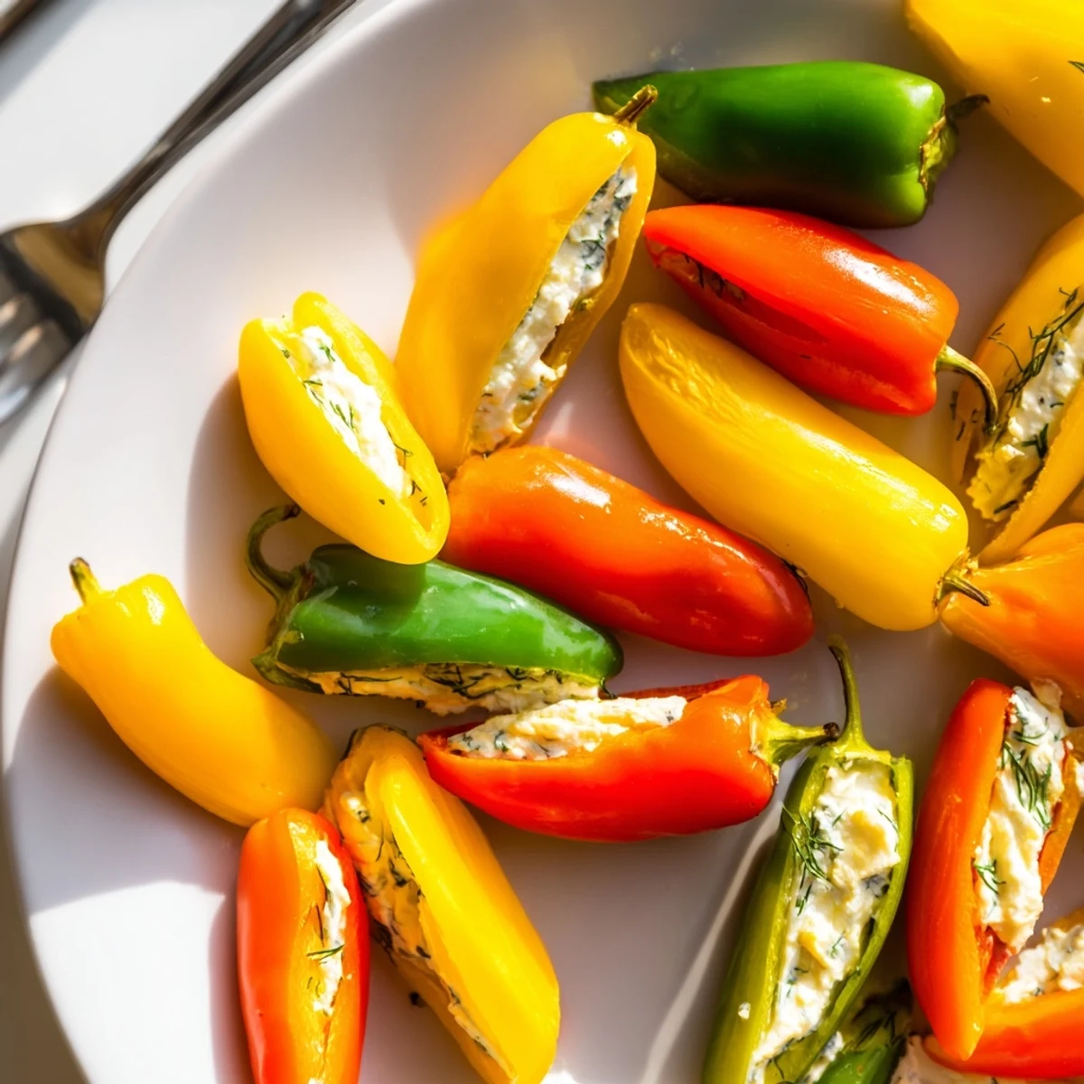 Vibrant mini bell pepper halves with creamy feta filling, ready for a delicious Mediterranean appetizer.