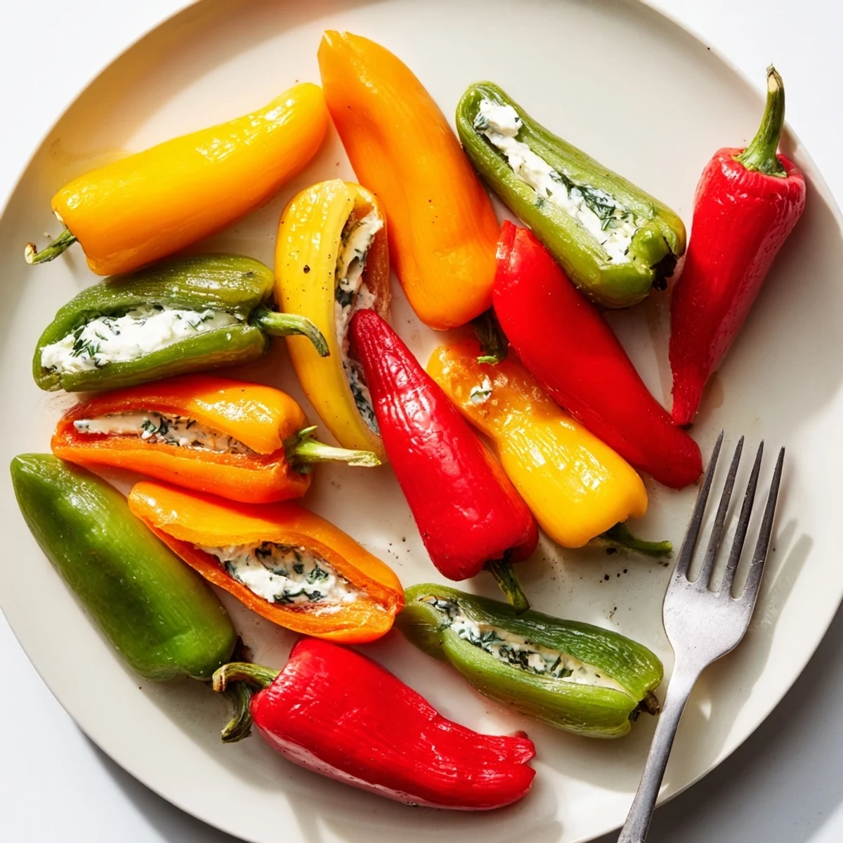 Close-up of appetizer: Plump mini bell peppers overflowing with herbaceous feta filling, served cold.