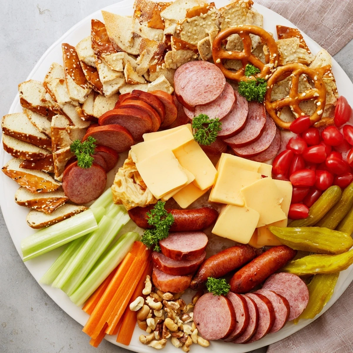 A loaded and vibrant Tailgate Party Power Stack appetizer platter ready to fuel your football festivities.