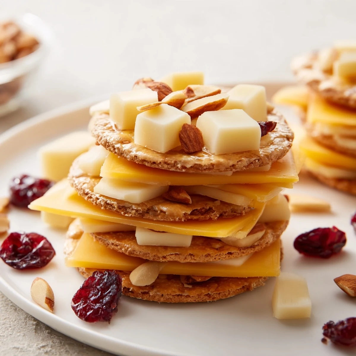 Neatly arranged Work From Home Desk Treat: cheese and cracker stacks, perfect for a quick snack.