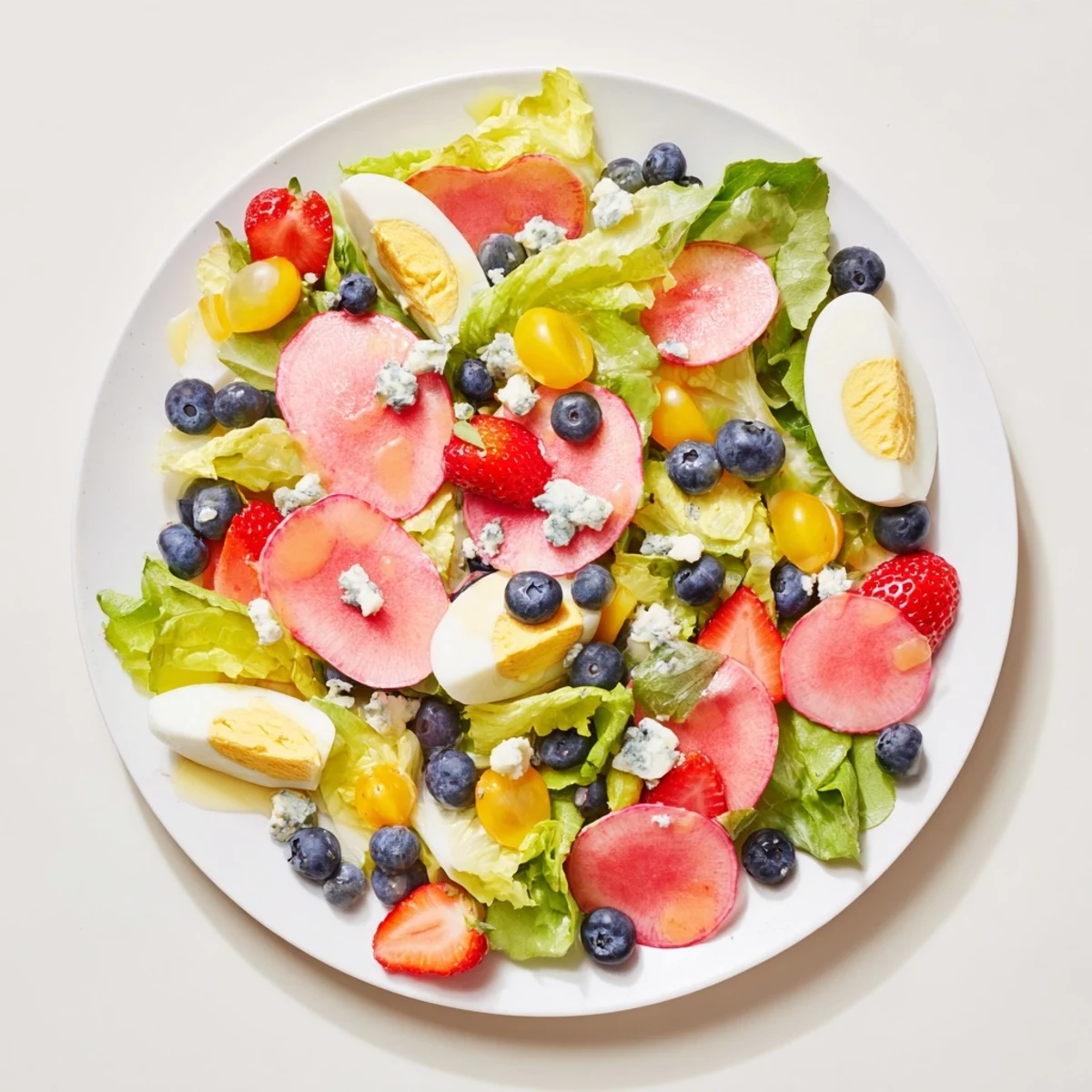 A delicious baby shower pastel palette salad with pink, blue, and yellow ingredients ready to be enjoyed.