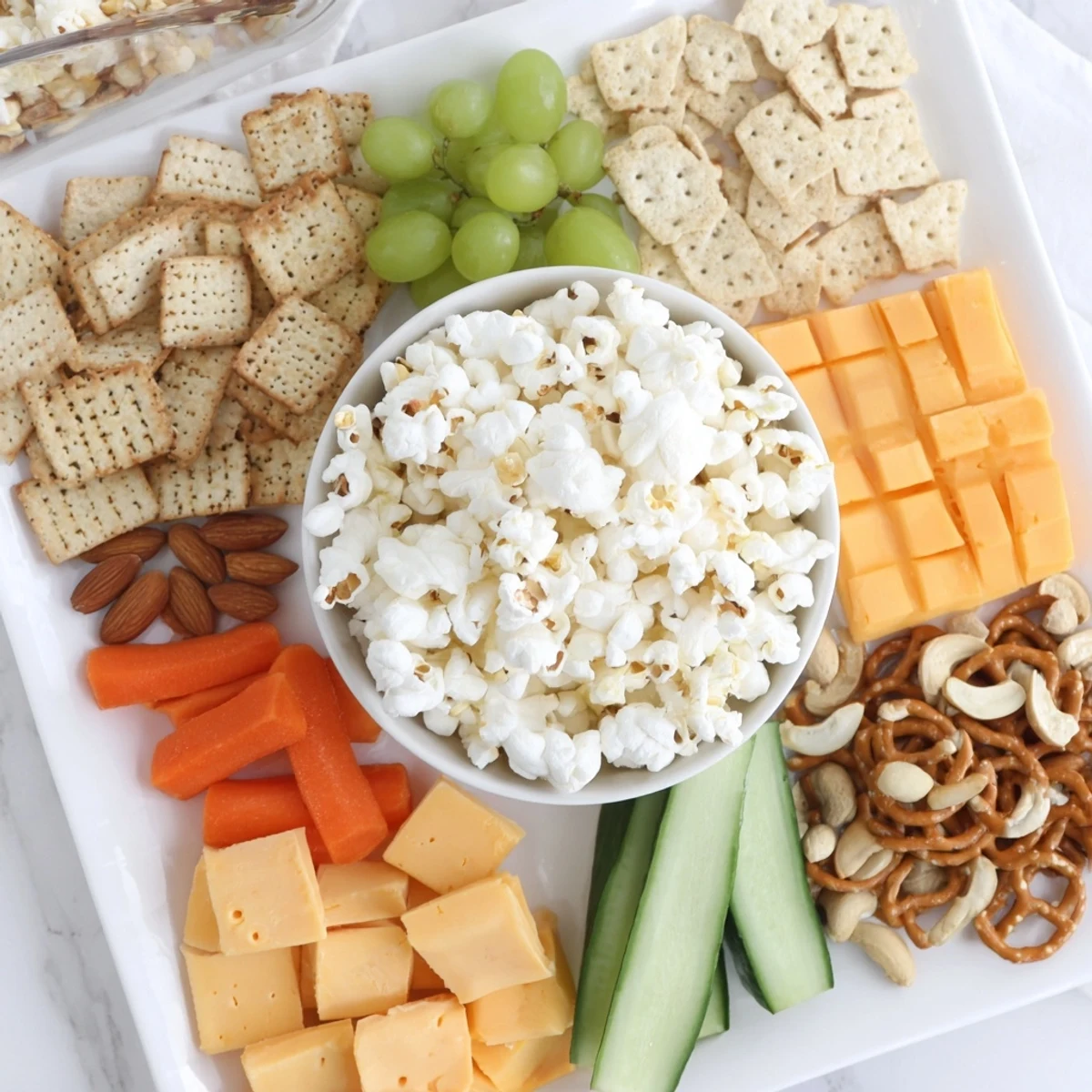 A bountiful selection on this Movie Night Munchie Board, showcasing cheese, pretzels, and fresh grapes, ready to share.