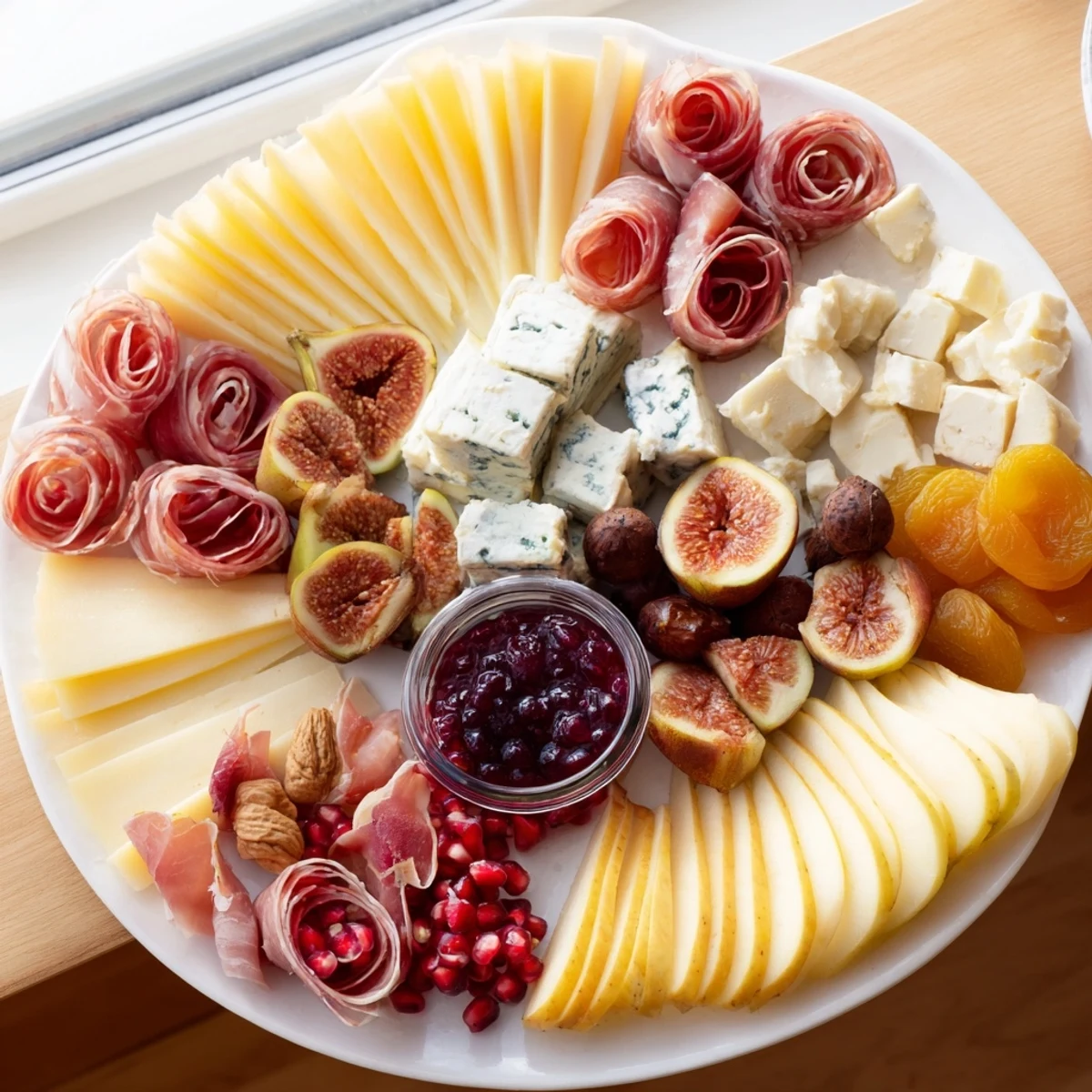 An elegant Moments Magiques Plateau Bonne Année 2026 recipe, showcasing colorful fruits, cheeses, and charcuterie treats.