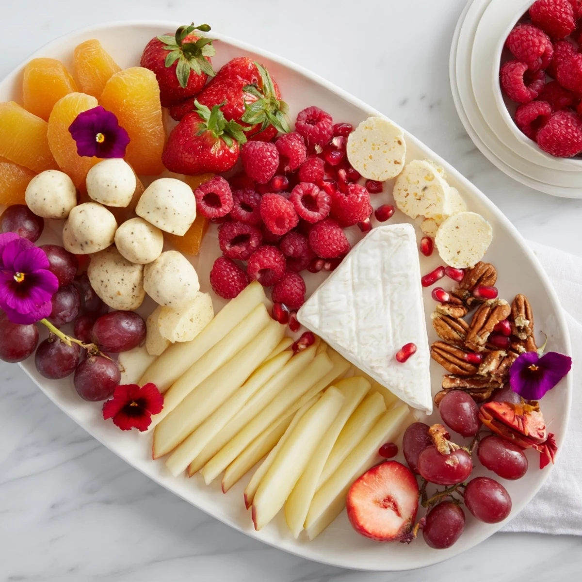 Rose Garden Romantic Platter with brie, strawberries, and edible roses, a beautiful appetizer to share.