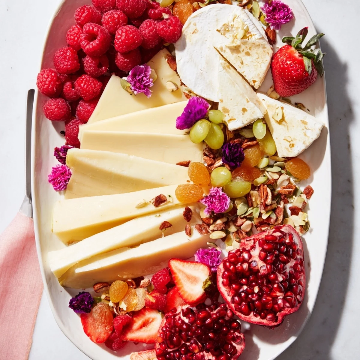 Creamy cheeses, fresh fruits, and floral garnishes make this Rose Garden Romantic Platter a treat.