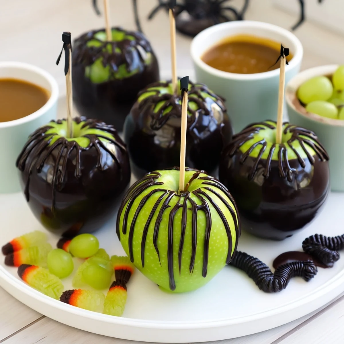 Shiny, black poison apples alongside sweet treats and dips for a Halloween treat board.