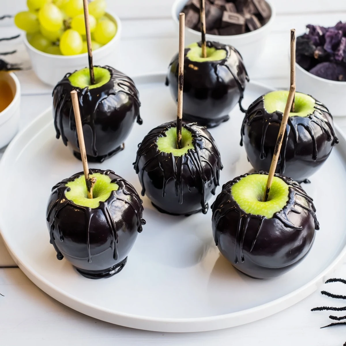Bright red Granny Smith apples coated in glossy, black candy, a Poison Apple Halloween Treat favorite.