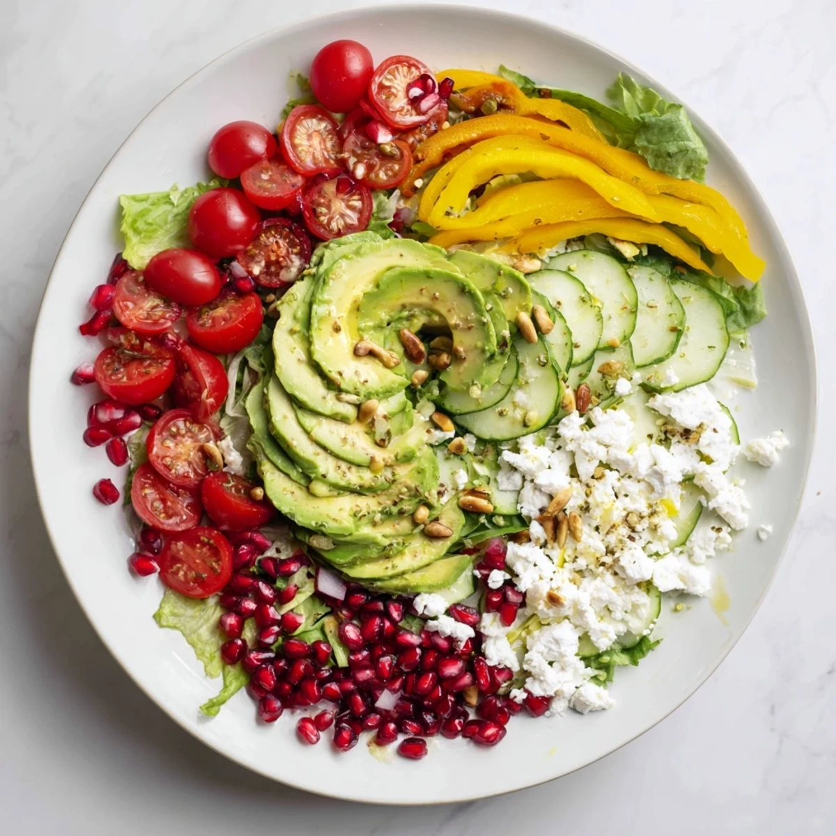 Vibrant Golden Ratio Salad with fresh tomatoes, avocado, and a tangy lemon dressing for serving.