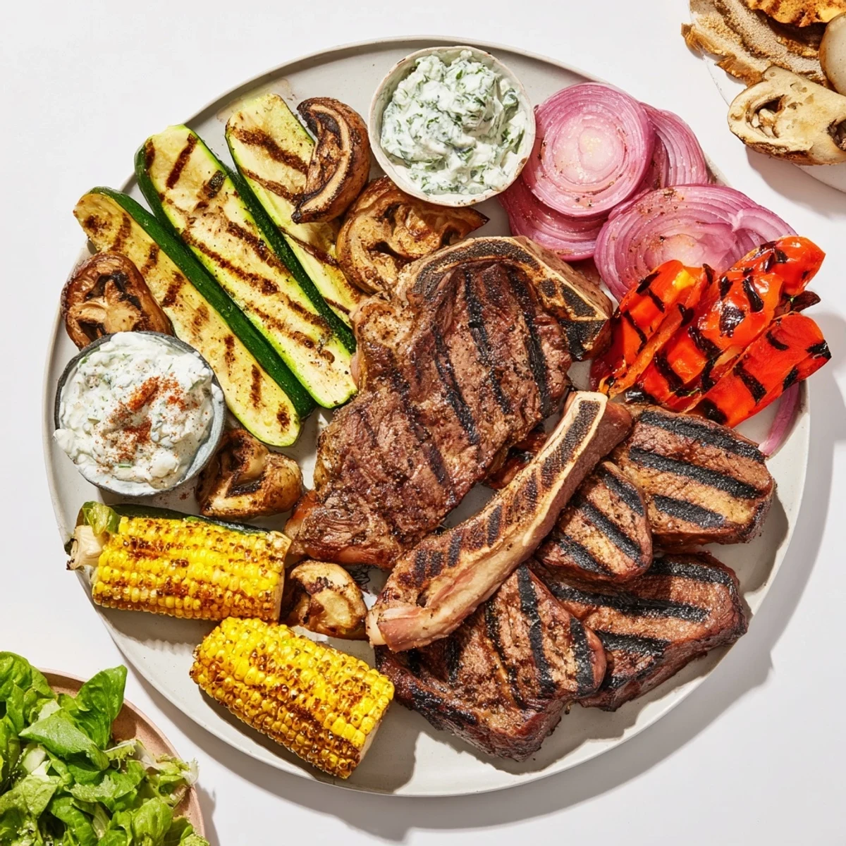A beautiful Backyard BBQ Companion board overflowing with grilled meats, vegetables, and savory dips to share.
