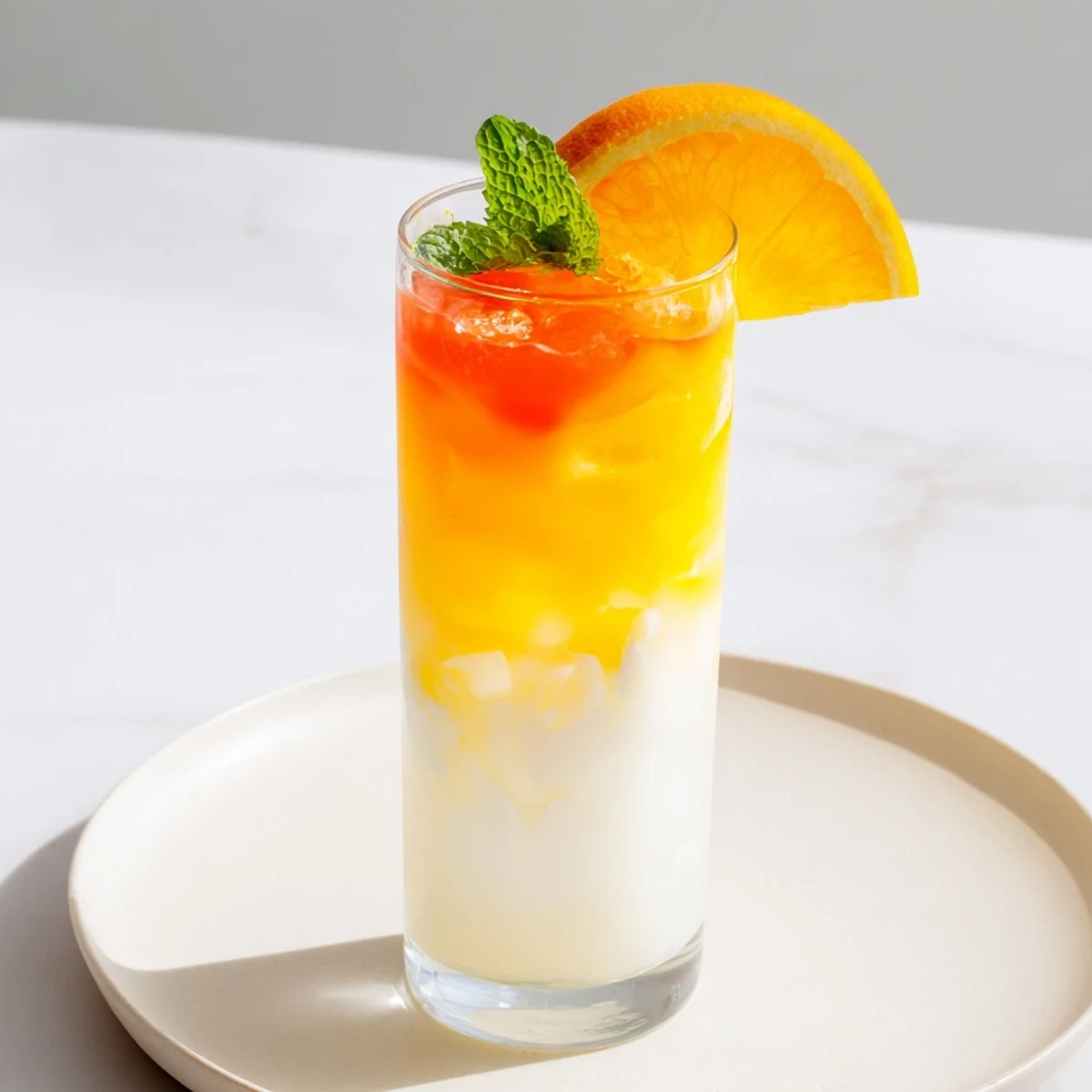 Refreshing Alpine Sunrise non-alcoholic drink: a layered, colorful mocktail, perfect for a sunny brunch setting.
