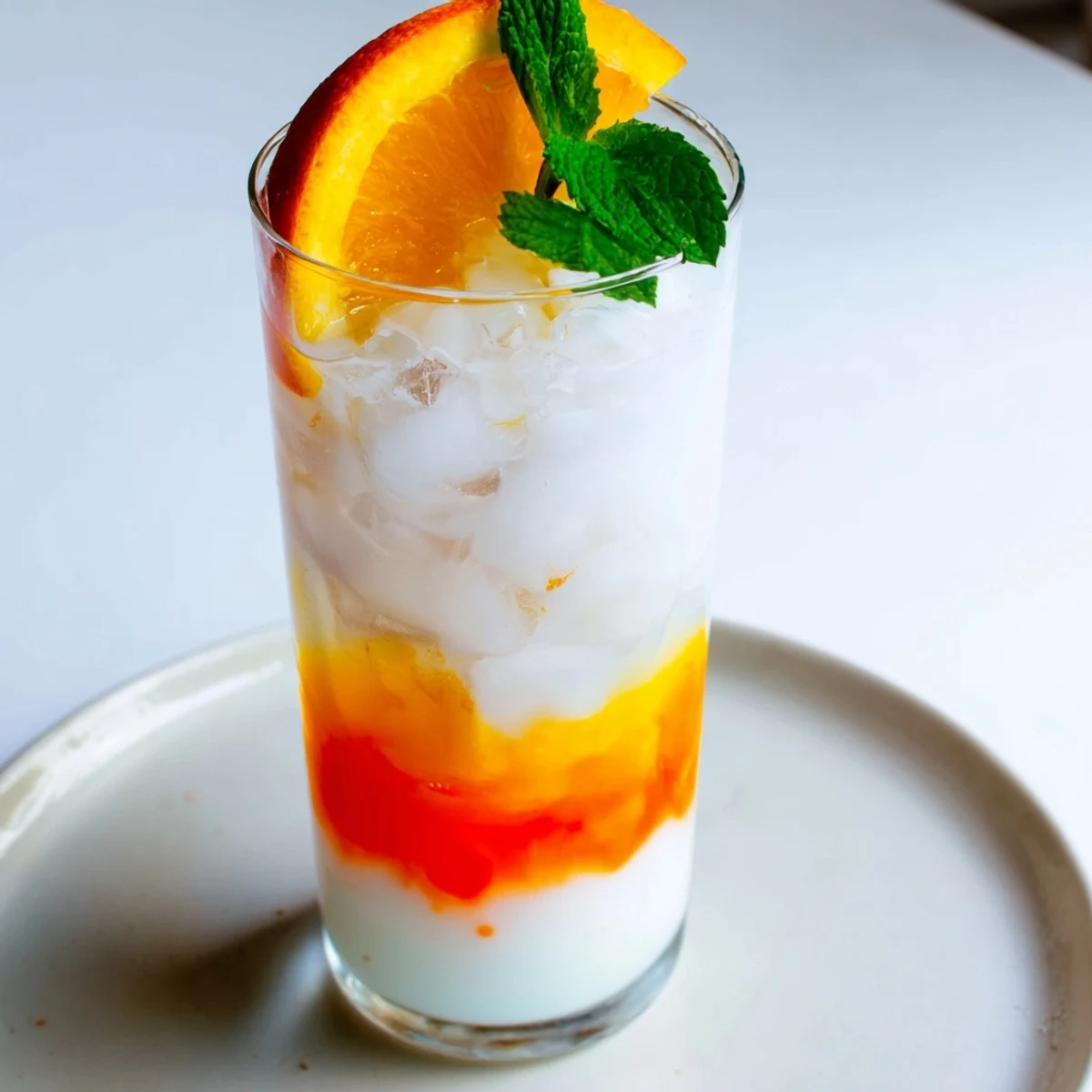 Enjoy a layered Alpine Sunrise: a stunning, non-alcoholic drink with coconut, orange, and grenadine presentation.