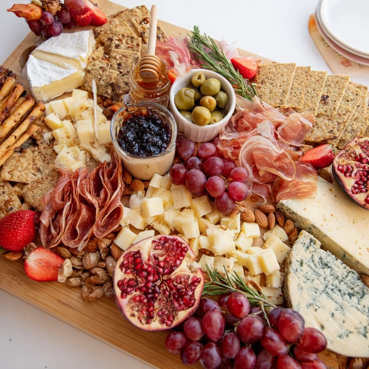 A stunning "Final Curtain" grazing board overflowing with cheeses, fruits, and charcuterie for serving.