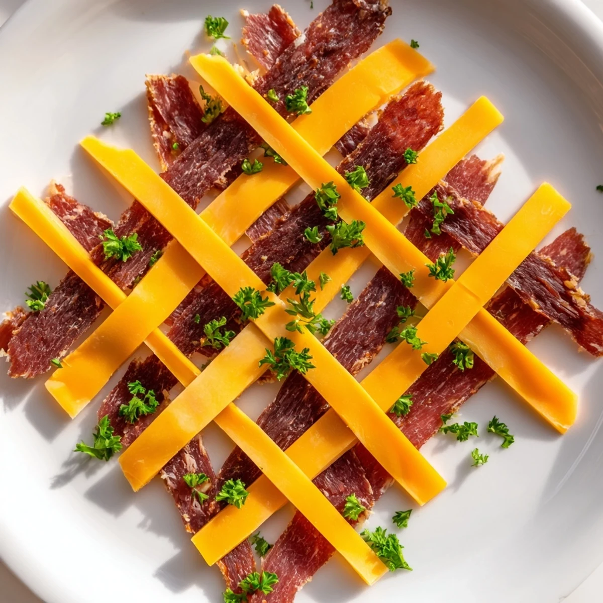 Savory The Tartan Plaid appetizer with woven jerky and cheese, perfect for a party charcuterie board.